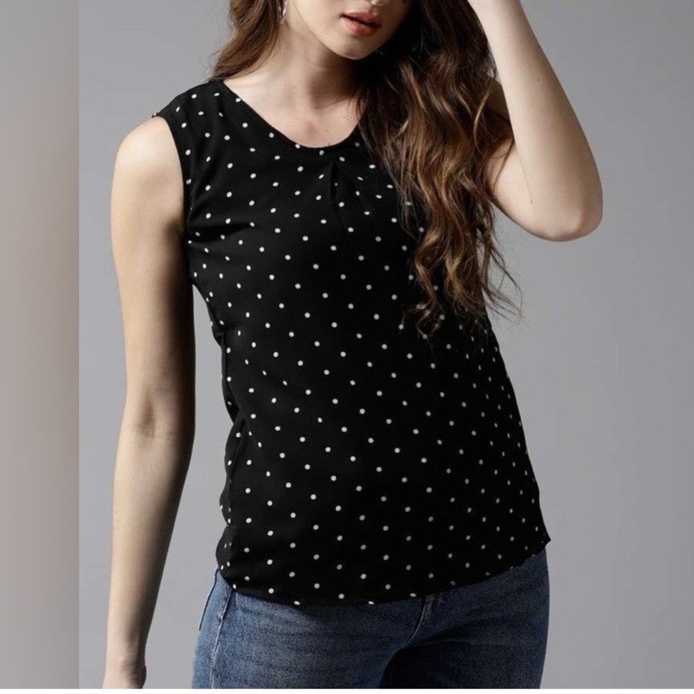 Croft & Barrow Black/White Polka Dot Sleeveless Shirt Top